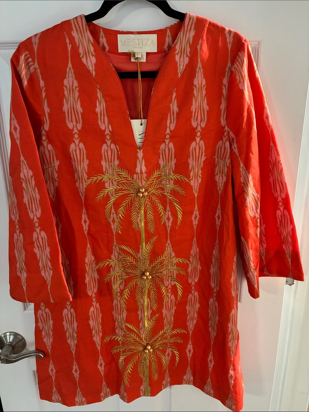 NWT Vestiza Coral Palm Tree Embroidered Tunic Dress